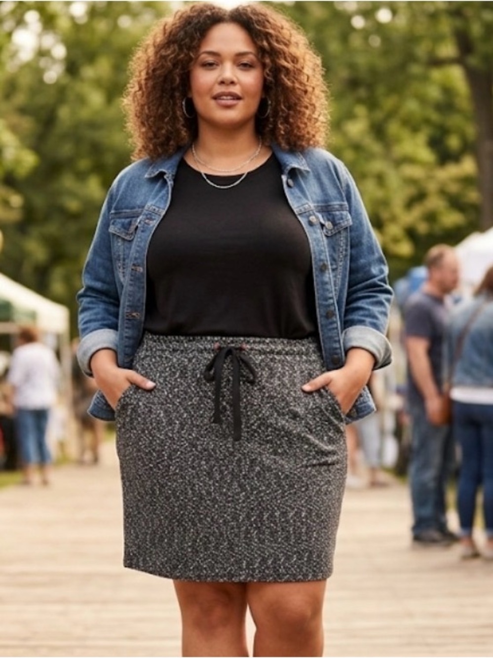 Torrid Black White Marled Knit Skirt Drawstring Elastic Waist Pockets Plus